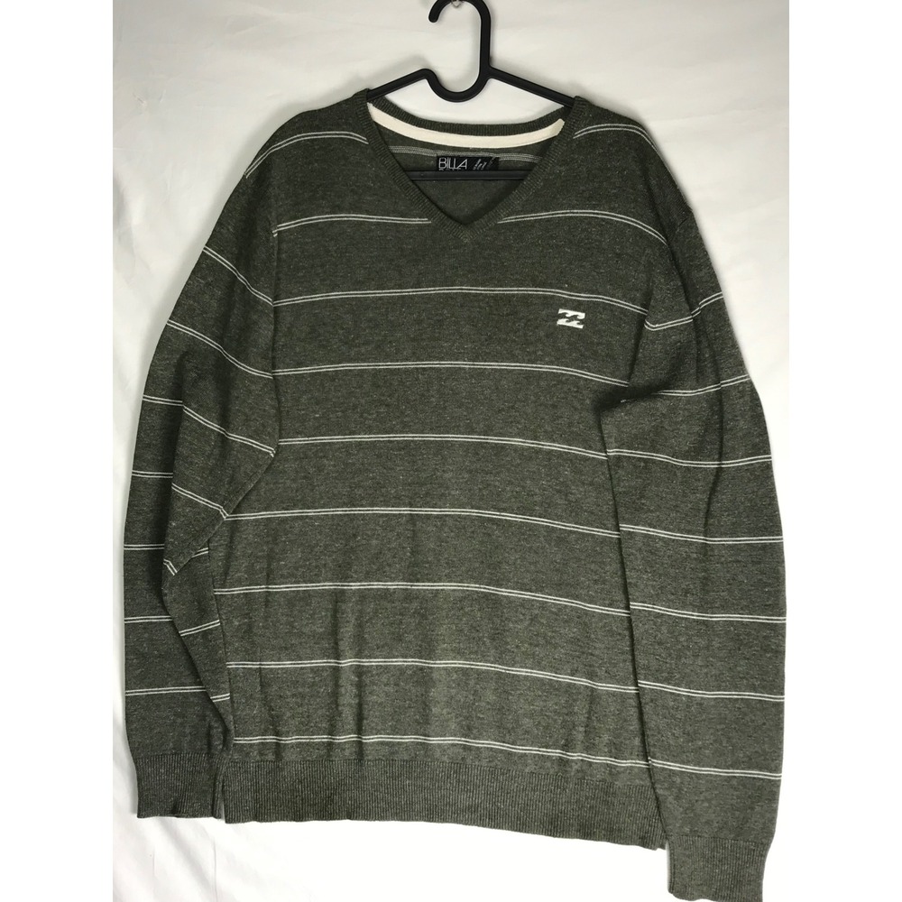 Billabong Mens V-Neck Sweater Olive Green Striped Knit Pullover MV03LRIG Large